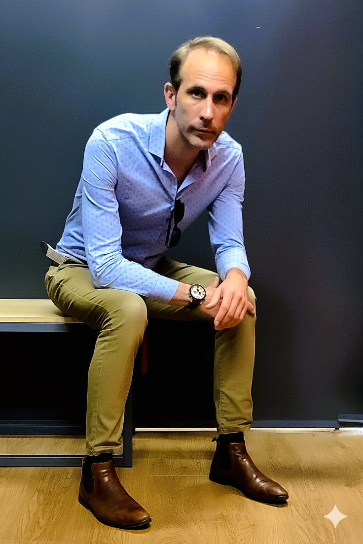 Un homme assis sur un banc contre un mur bleu foncé, portant une chemise bleu clair, un pantalon beige, des bottines en cuir marron et une montre. Il regarde vers l'avant.