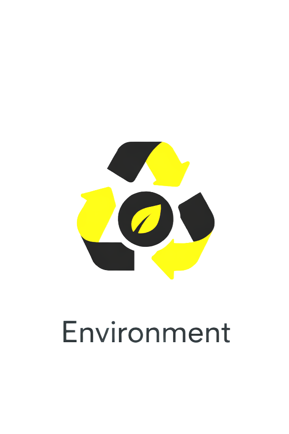 Recycle symbol with yellow and black arrows and a leaf in the center.