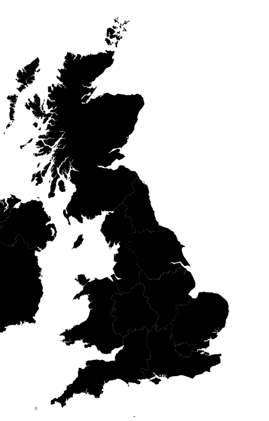 Black silhouette map of the United Kingdom and Ireland showing regional boundaries.