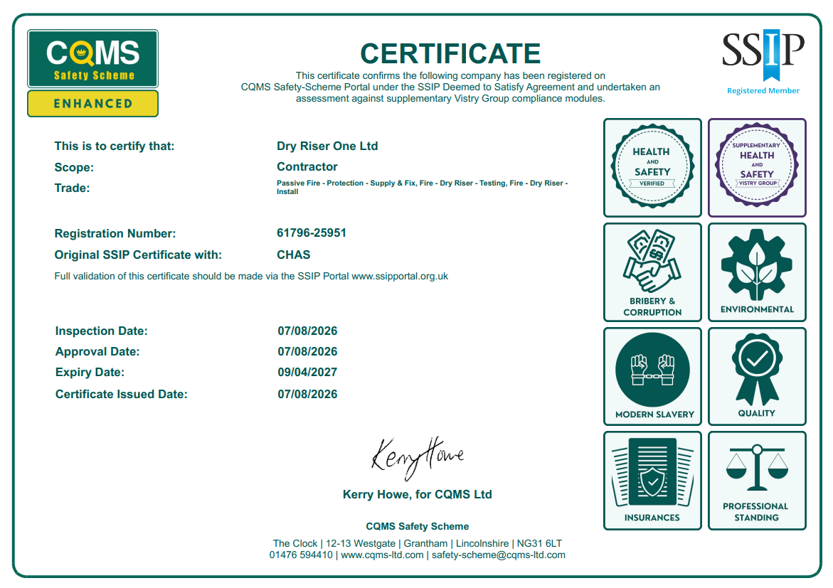 Certificate from CQMS Safety Scheme issued to Dry Riser One Ltd for fire safety compliance, with inspection and approval dates, and various safety icons on the right side for health, safety, environmental, and quality standards.