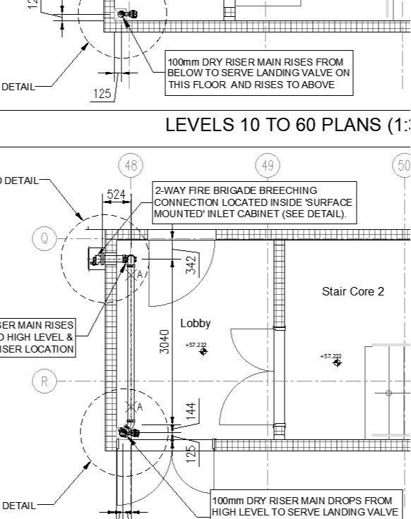 Dry Riser System Design layout on architectural plans, compliant with BS9990:2015 fire safety standards.