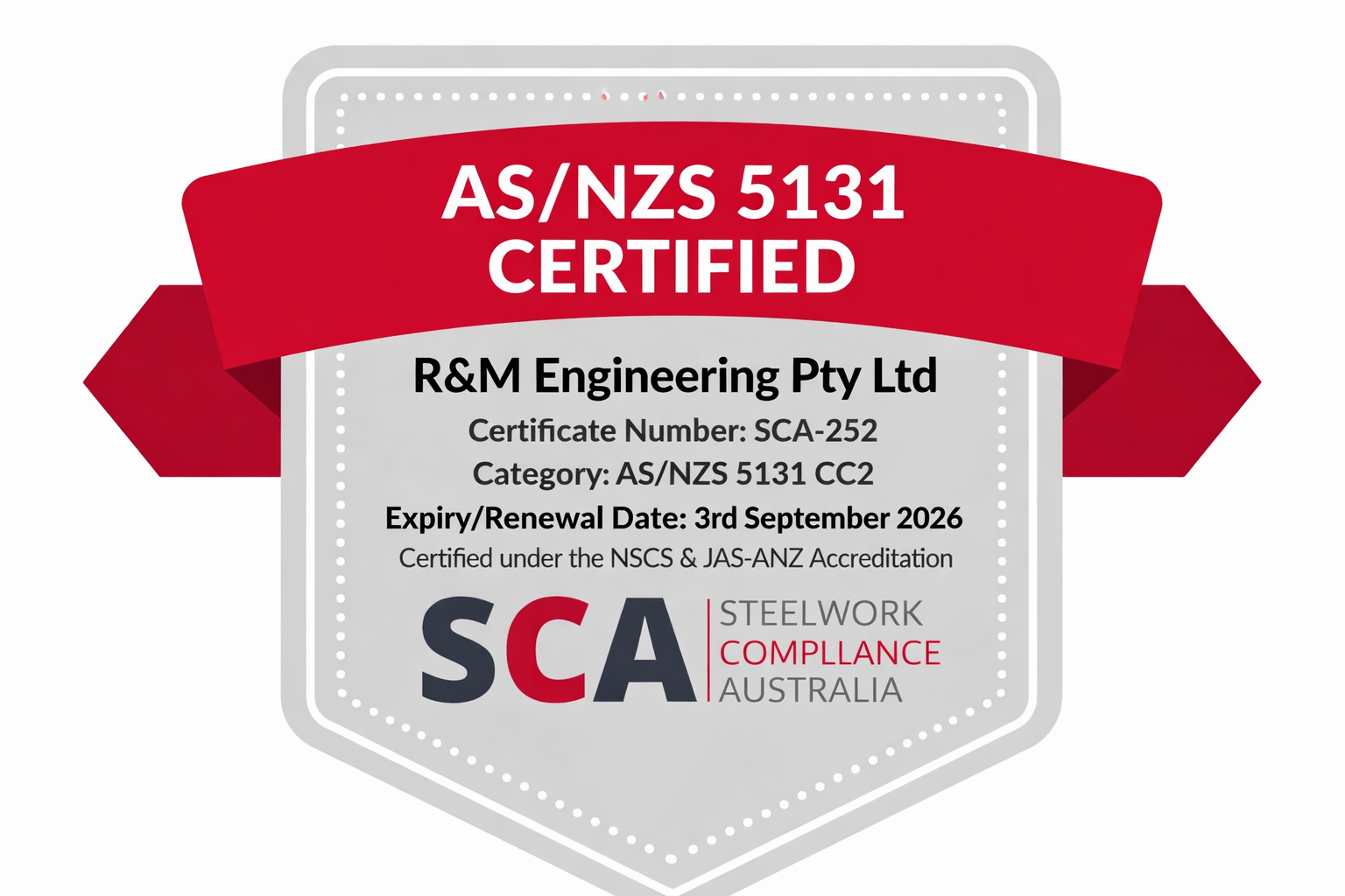 Certification badge for R&M Engineering Pty Ltd indicating AS/NZS 5131 certification, with a red ribbon banner, a white shield-shaped background, and the SCA logo at the bottom.