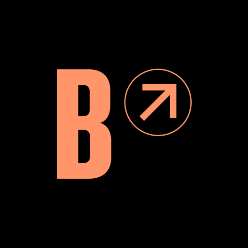 A logo with a large peach-colored letter 'B' and an upward right arrow inside a circle, on a black background.