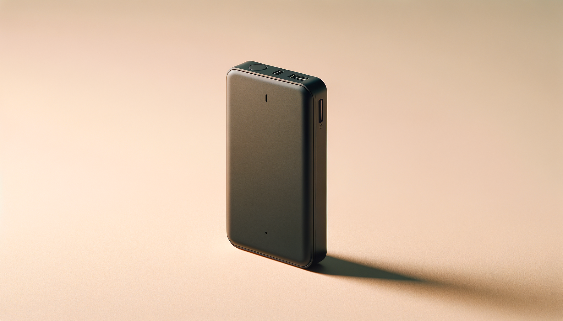 A black portable external hard drive standing upright on a beige background with a shadow cast on the right side.