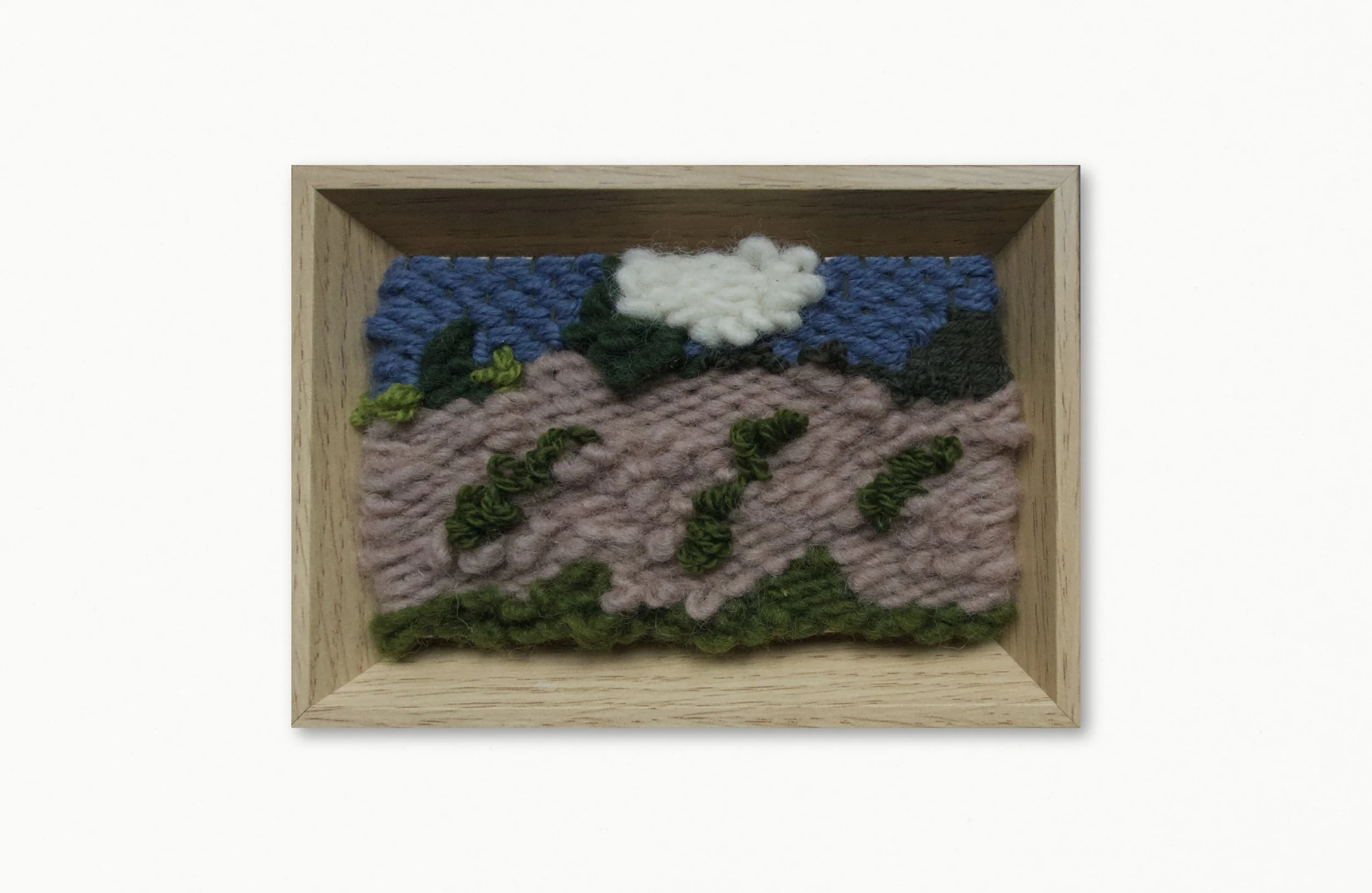 Textile art with wool yarn in the shape of a landscape, framed in wood, set against a white background.