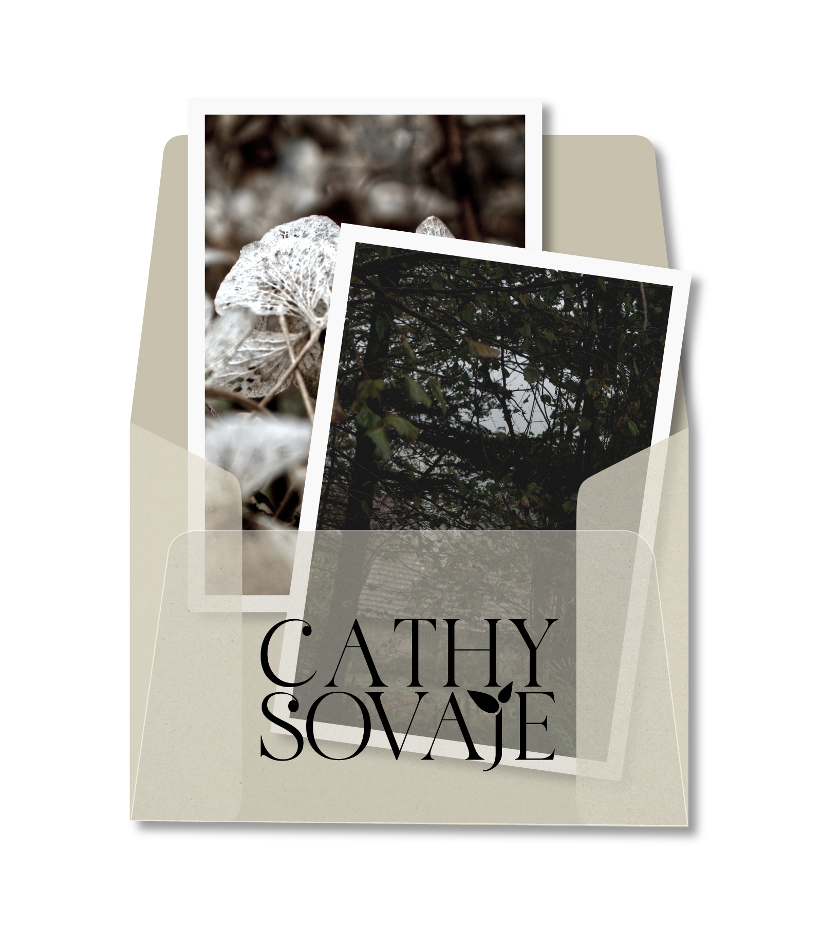 Book cover with abstract tree branches and leaves, the title reads "Cathy Sovej" in black text on a white background.
