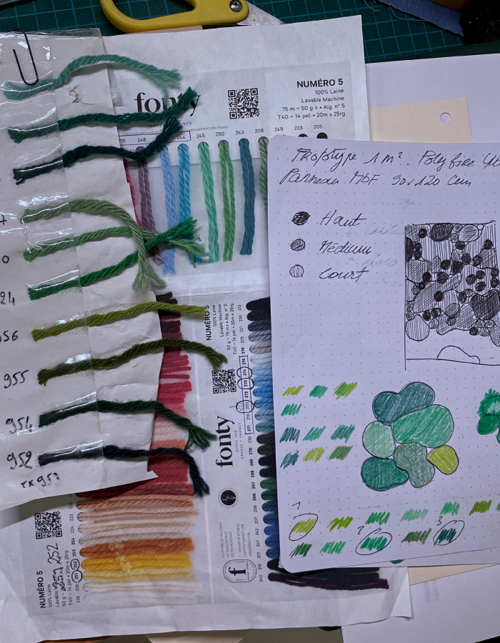 Sample of embroidery floss threads in various shades of green, attached to a color chart, with a handwritten notes on a dotted notepad showing different stitch types and a drawing of a leafy pattern, over a green cutting mat.