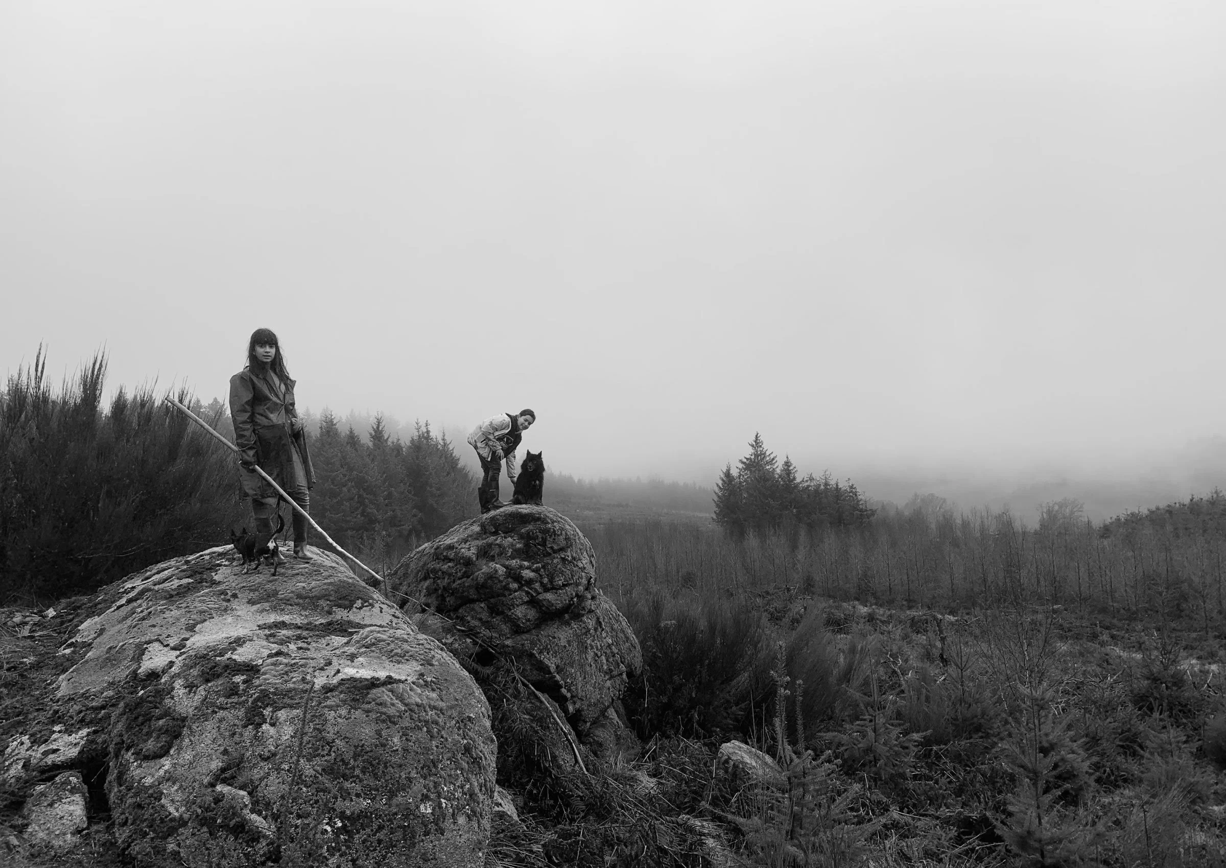 Two women and a dog outdoors on rocks and grassy terrain, with trees and an overcast sky in the background in a black and white photo.