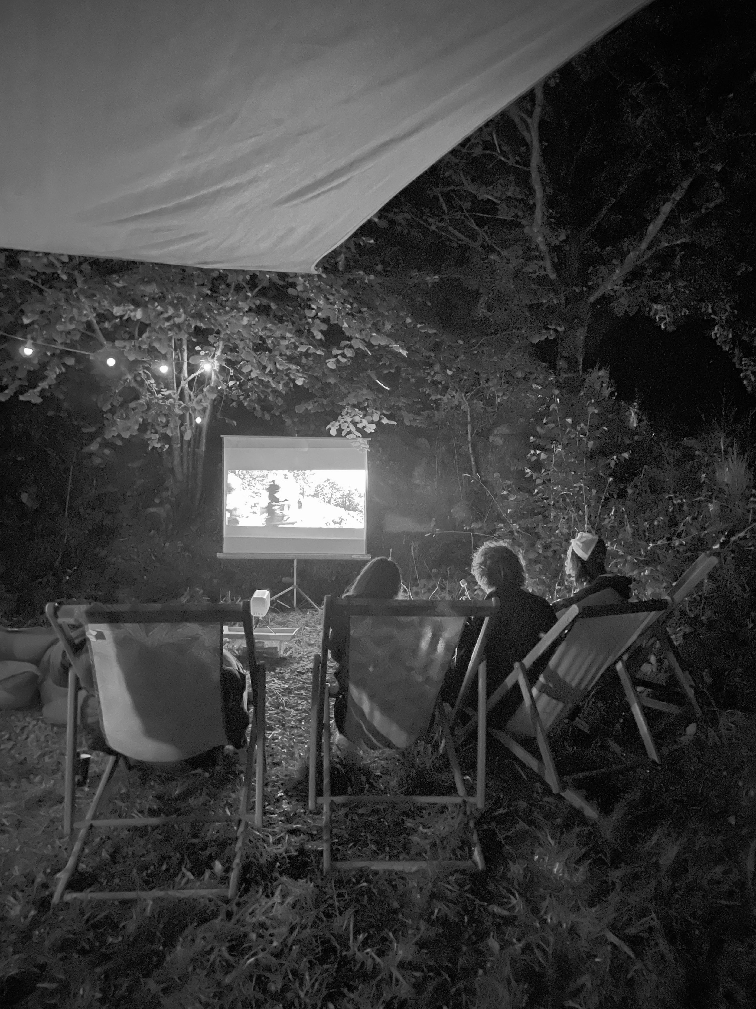 People sitting on foldable chairs outdoors at night, watching a movie projected onto a screen, surrounded by trees and string lights.