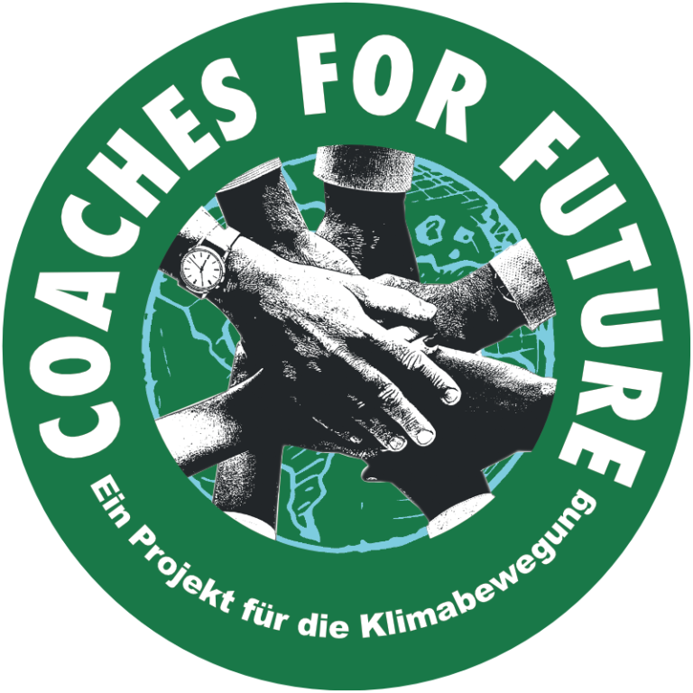 Ein Logo mit dem Text "Oceaches for Future" und "Ein Projekt für die Klimabewegung". Das Logo zeigt zwei Hände, die sich die Hand geben, mit einem Globus im Hintergrund.