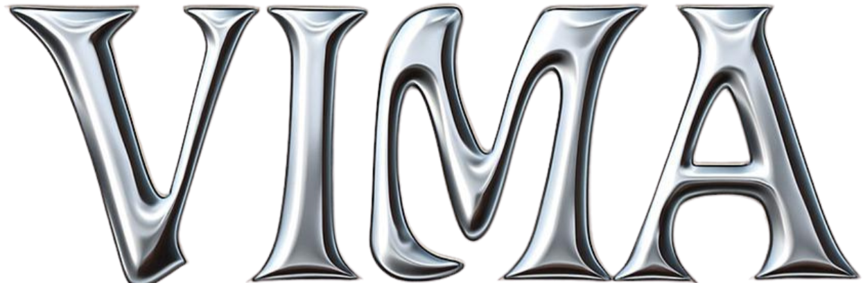 De afbeelding bevat de naam 'VIMA' in grote, glanzende, metallic letters.