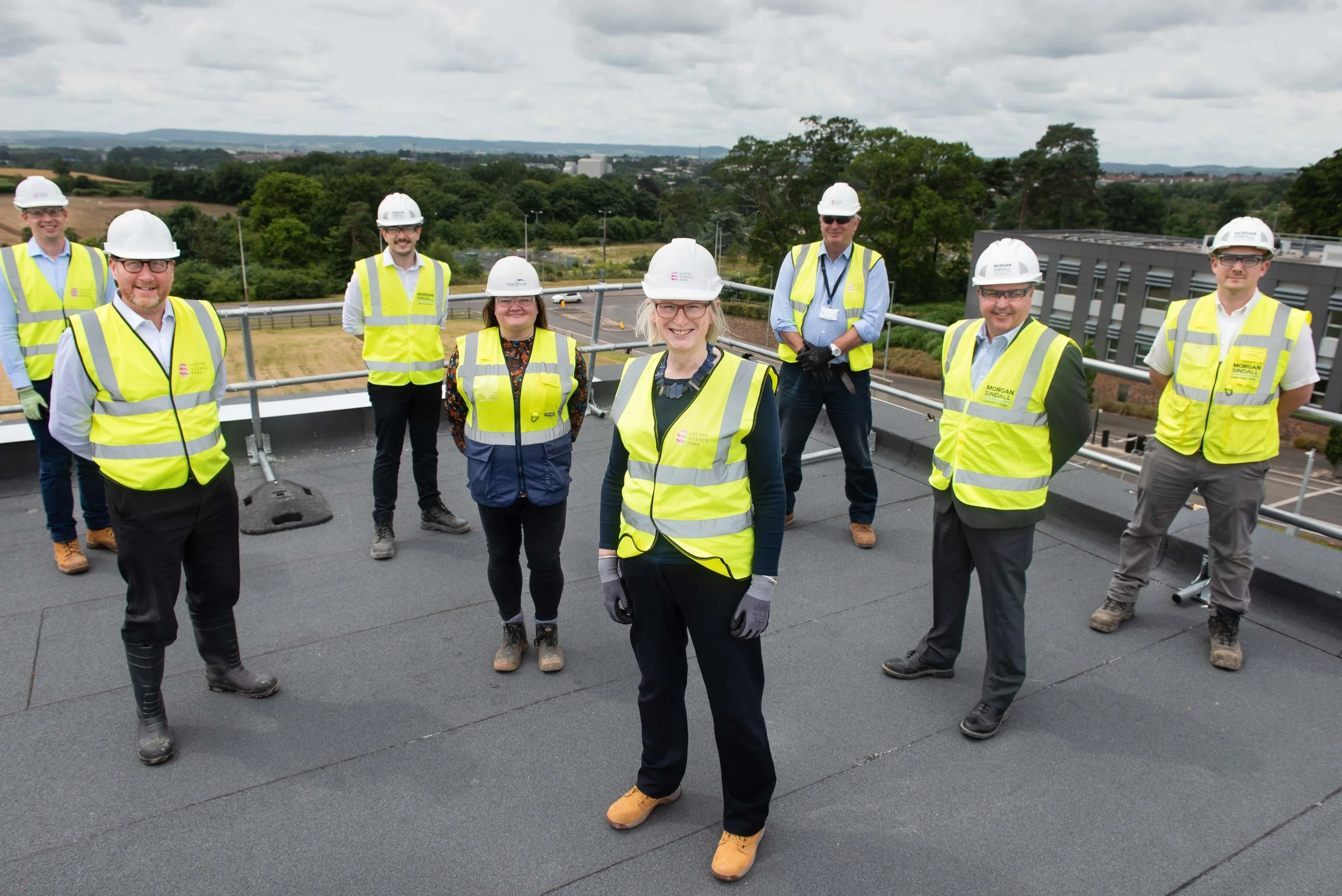 Construction workers in PPE on-site at Exeter Science Park