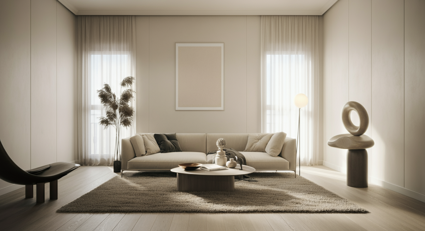 Modernes Wohnzimmer mit weißem Sofa, dunklen Kissen, Teppich, Stehlampe, Keramikdekoration, Fenster mit weißen Vorhängen, sonnendurchflutet, minimalistische Einrichtung.