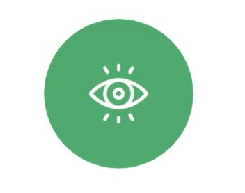 Green circle with a white eye symbol in the center and radiating lines surrounding it.