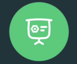 Icon of a projector with gear and settings, on a green circular background.