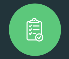 Green circle with a checklist and a checkmark on a clipboard icon.