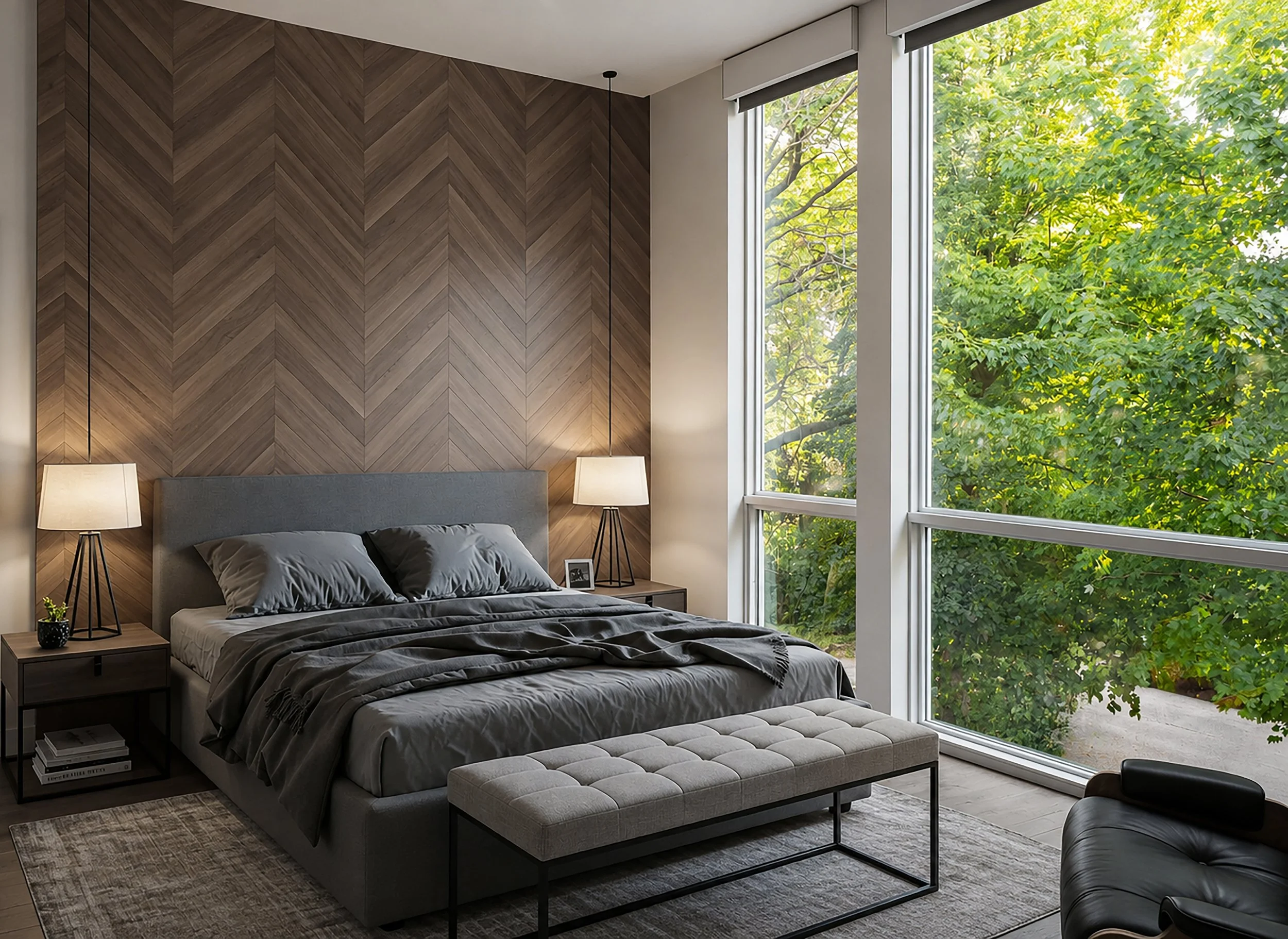 Modern bedroom with a large window showing green trees outside. The room has a gray bed, two bedside tables with lamps, a bench at the foot of the bed, and a patterned rug.
