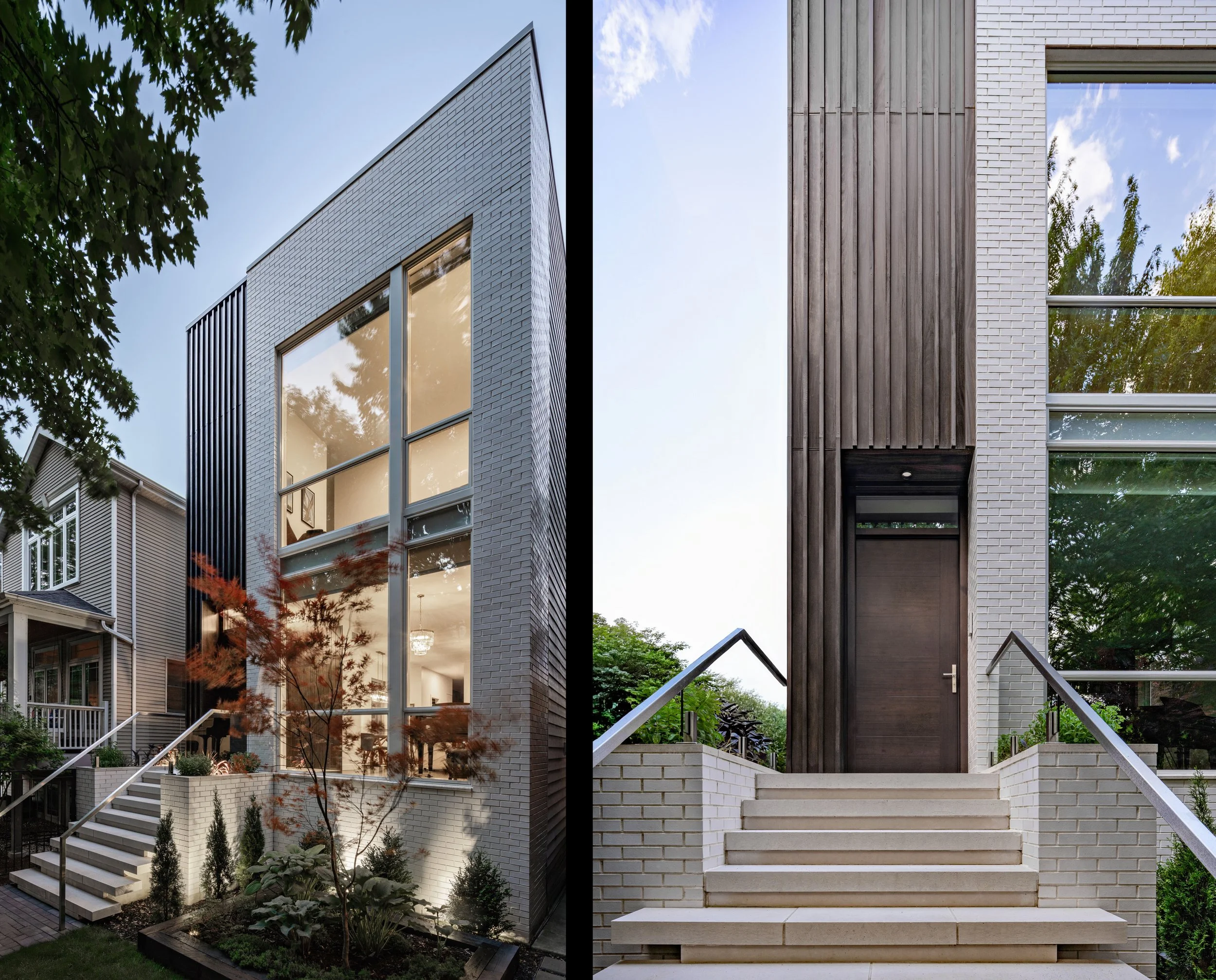 Comparison of two modern residential building facades, one with white brick exterior and large windows, the other with gray brick and wooden panel accents, each with entrance stairs and surrounding greenery.