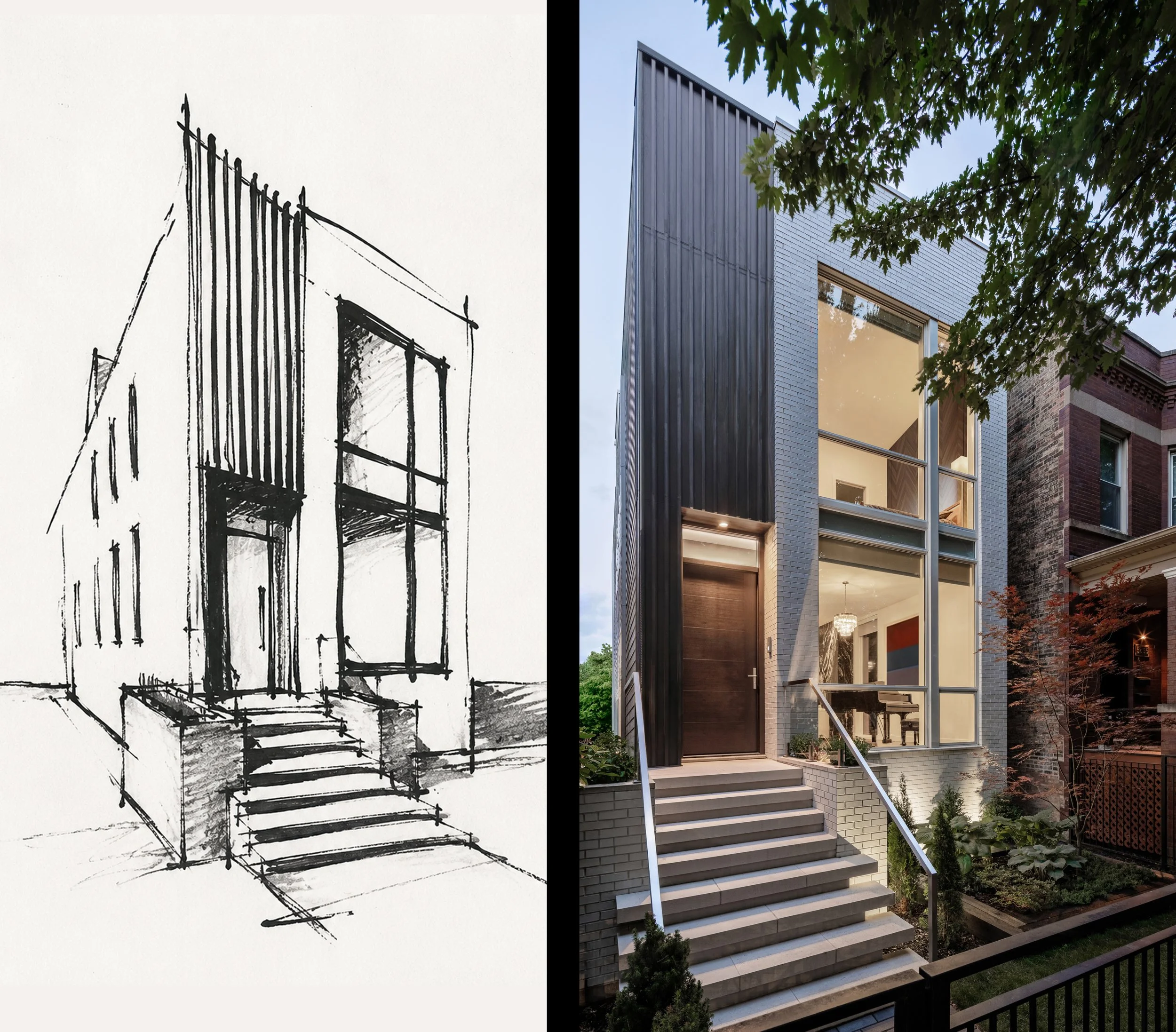 Comparison of a building sketch on the left and a finished modern house exterior on the right, featuring stairs, large windows, white brick, and metal siding with trees in the background.