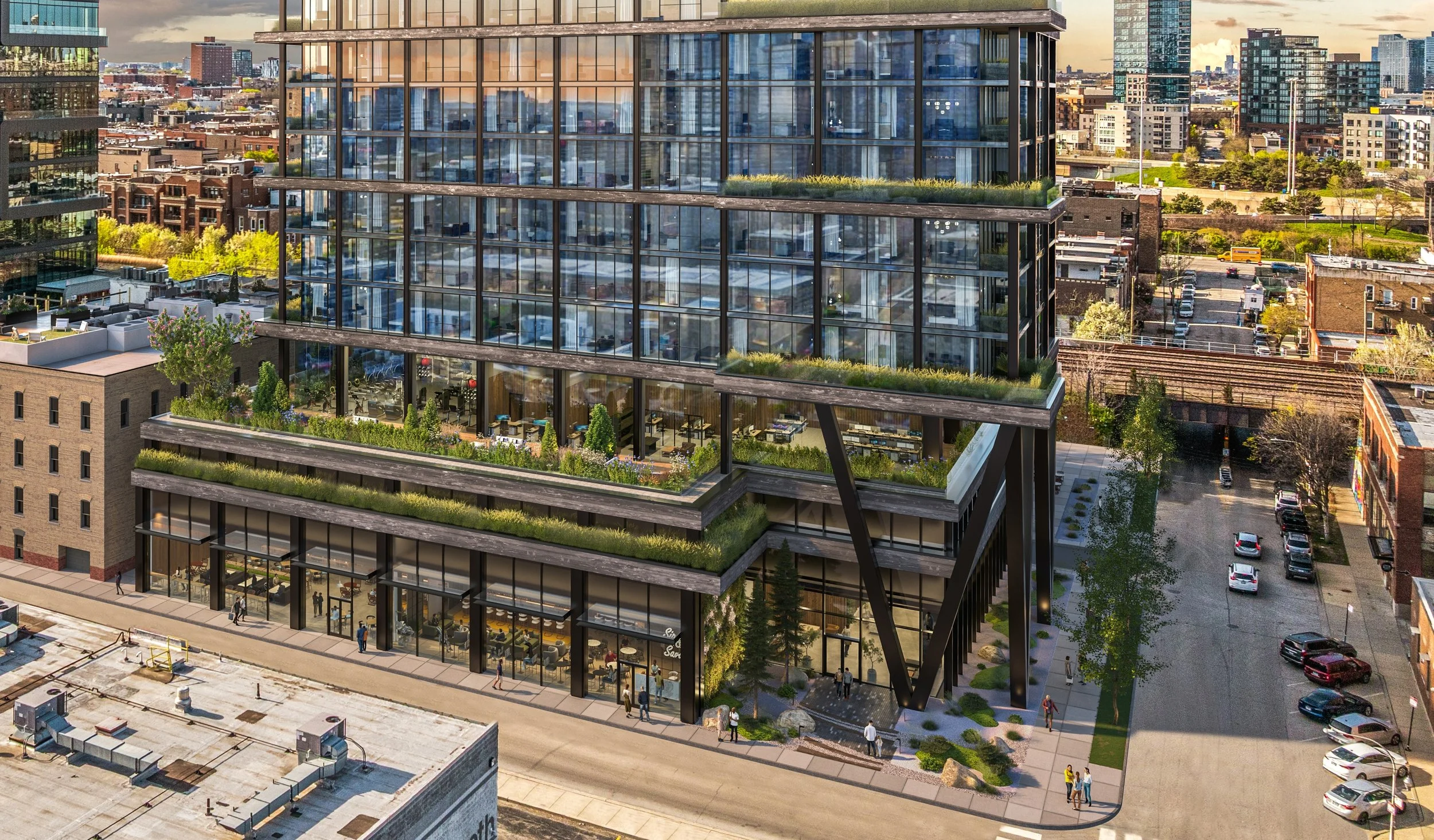 A modern high-rise building with glass windows and green rooftop gardens in an urban cityscape, surrounded by other buildings and streets with cars and pedestrians.