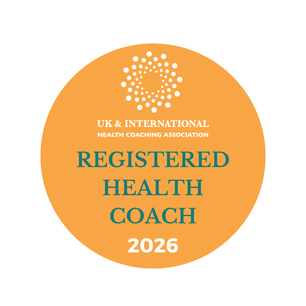 Badge for UK & International Health Coaching Association confirming registration as a health coach in 2026.
