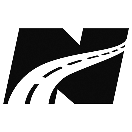 A stylized black and white logo of a curved road with dashed lane markings, set against a black background.