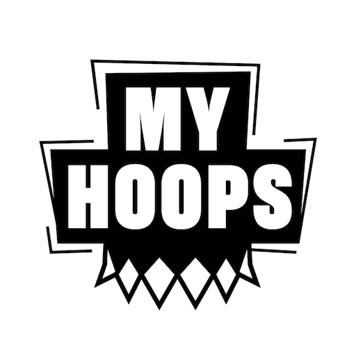 Black and white logo with the words "MY HOOPS" in bold font, featuring a basketball hoop at the bottom.