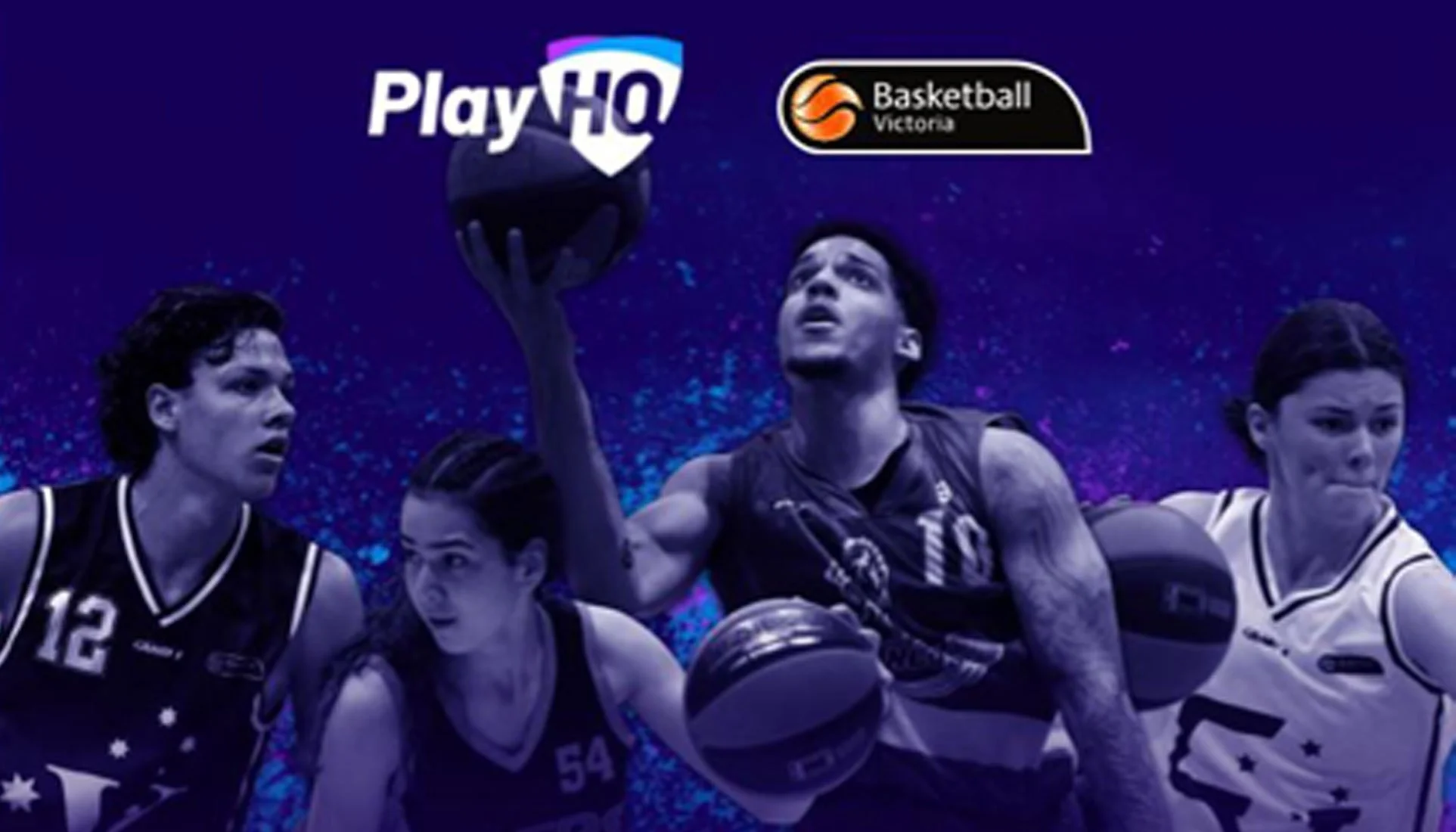 Basketball players in action during a game, with one player holding a basketball, set against a vibrant, starry background with the PlayHQ and Basketball Victoria logos.