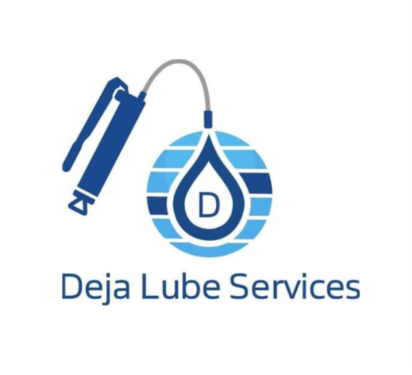 Logo for Deja Lube Services featuring a luberator spray and a drop of oil with the letter D inside, and the company name below.