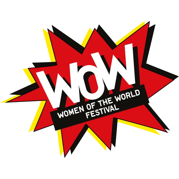 Logo for WOW Women of the World Festival with a red starburst background and bold white and black text.