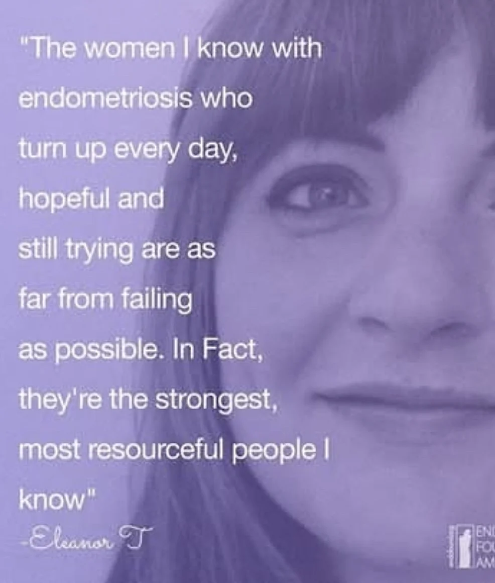A woman with light-colored hair and blue eyes, looking directly at the camera, overlaid with a quote about women with endometriosis.