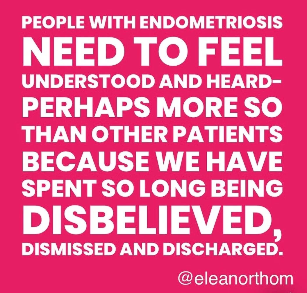 Pink background with bold white text about people with endometriosis feeling understood and heard more than other patients, attributed to @eleanorthom.