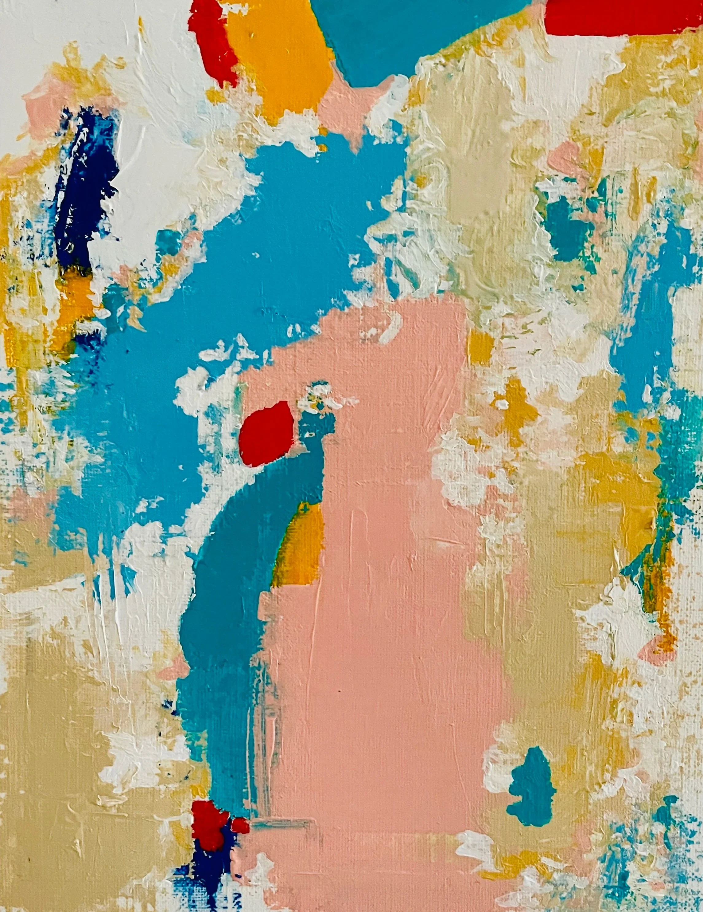 Abstract expressionist painting with blue, pink, yellow, red, white, and green splashes and strokes.