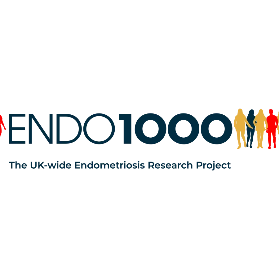 Logo for the UK-wide Endometriosis Research Project, featuring the text 'ENDO1000' with the number 1000 in bold, and silhouettes of five women holding hands, colored in red, dark blue, light blue, yellow, and red.