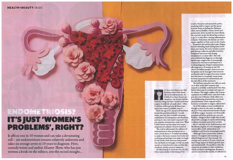 An illustration of the female reproductive system featuring the uterus, fallopian tubes, and ovaries, decorated with pink and red flowers.