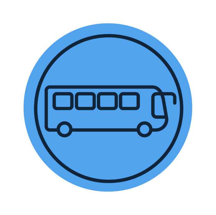 a blue round icon of a bus viewed from the side
