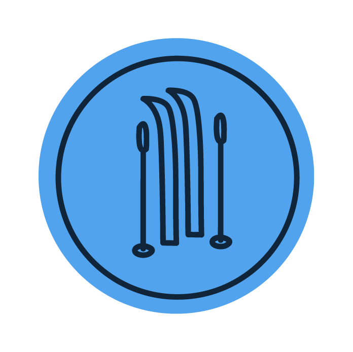 a round icon of a set of skis and poles on a blue background