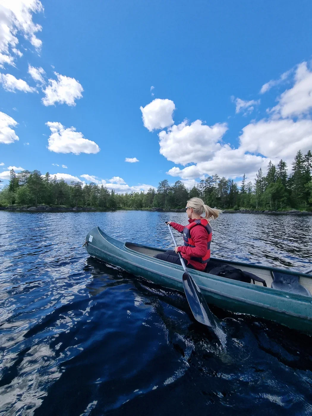 A woman in a read jacket paddling in a canoe. In the background the shoreline with trees is visible.