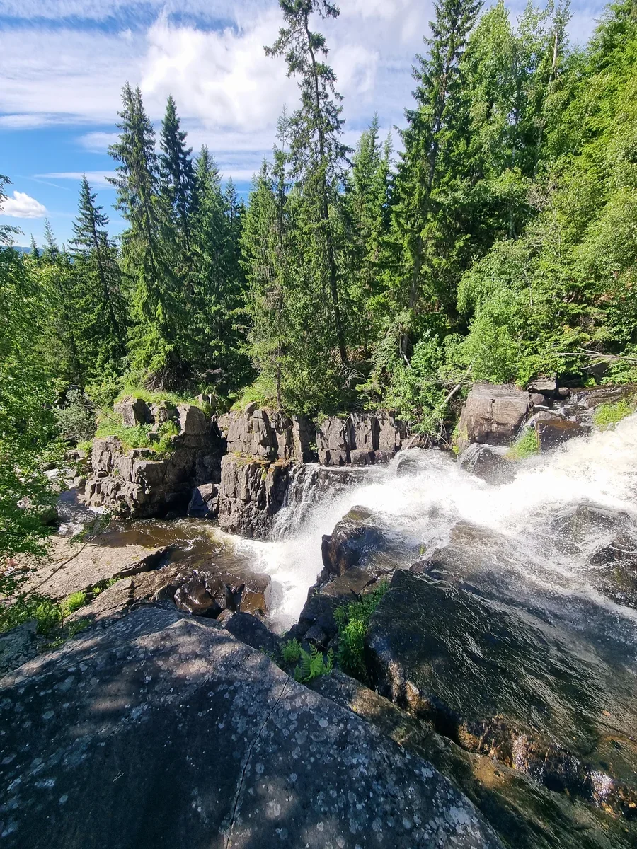 A photo from the top of a waterfall gushing down some rocks in the forest.