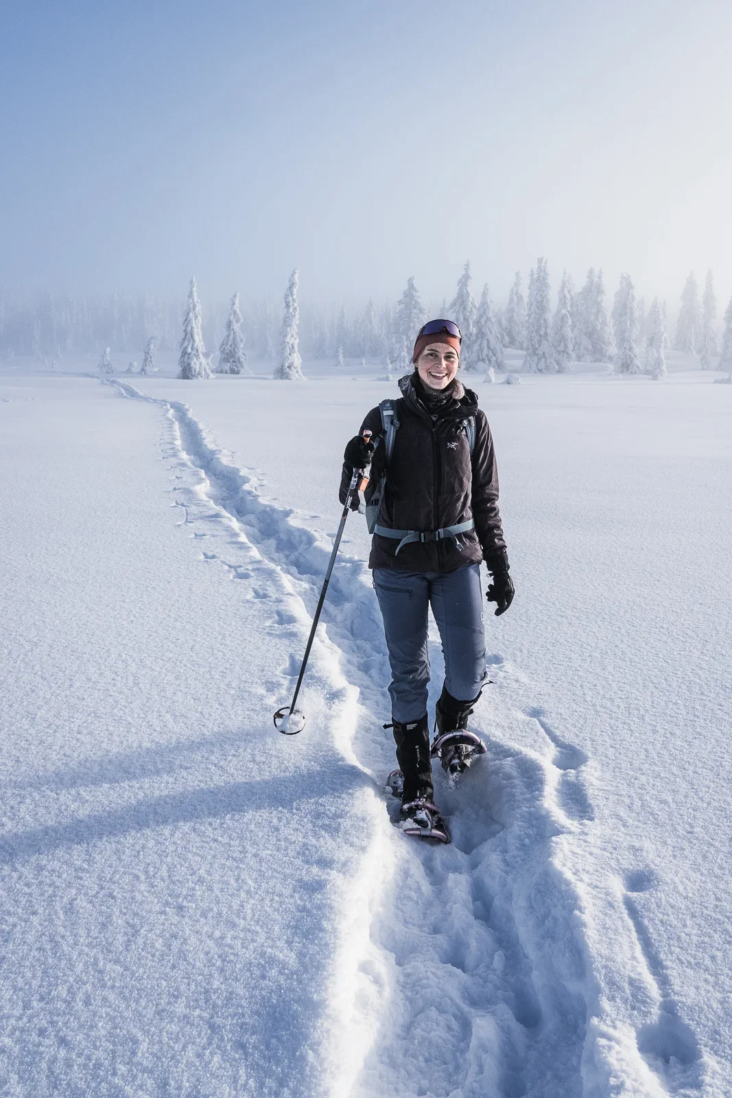 A woman walking on snowshoes through a foggy snow-covered winter landscape.
