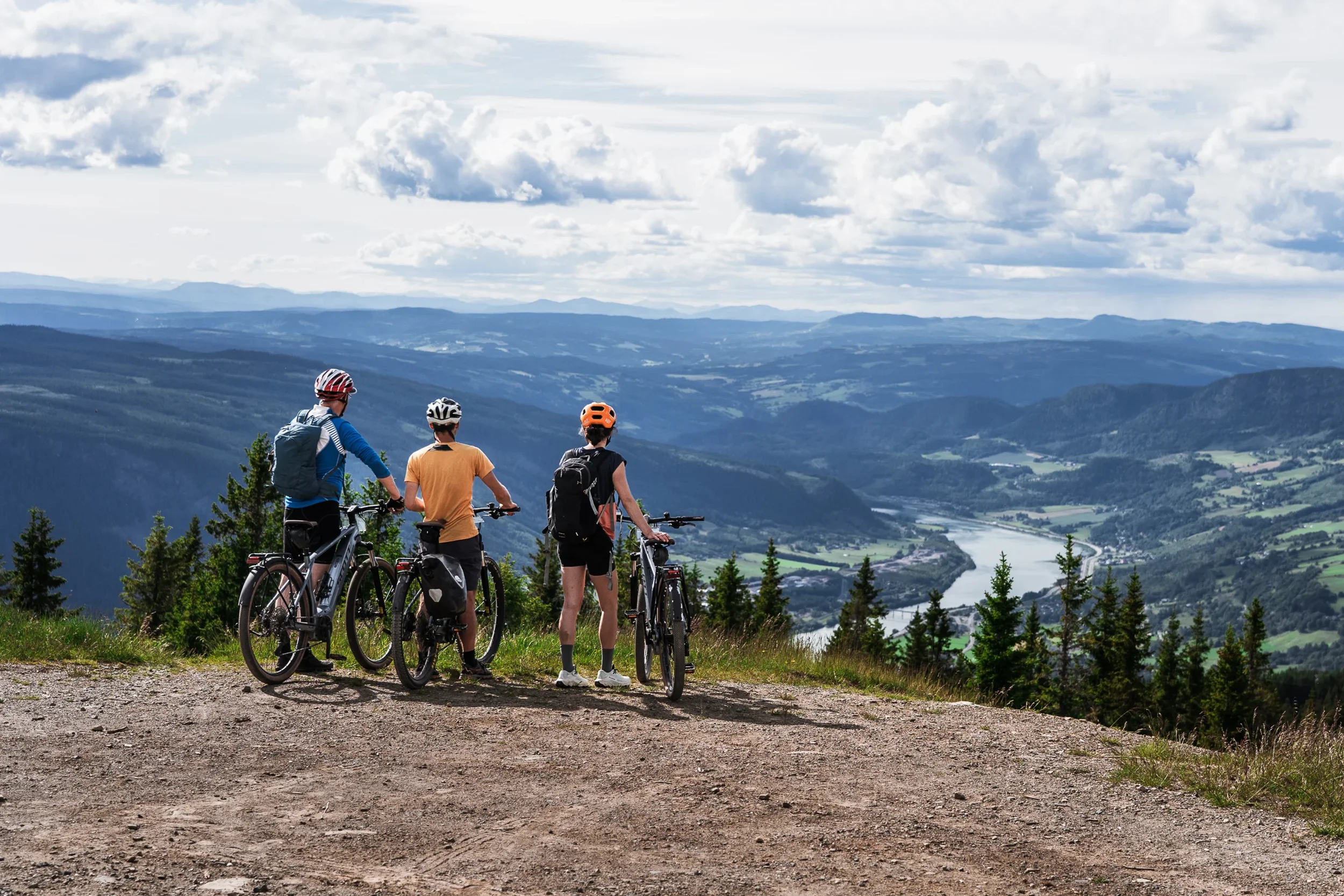 Three cyclists standing next to their bikes with the back to the camera overlooking a wide valley stretching out in the distance