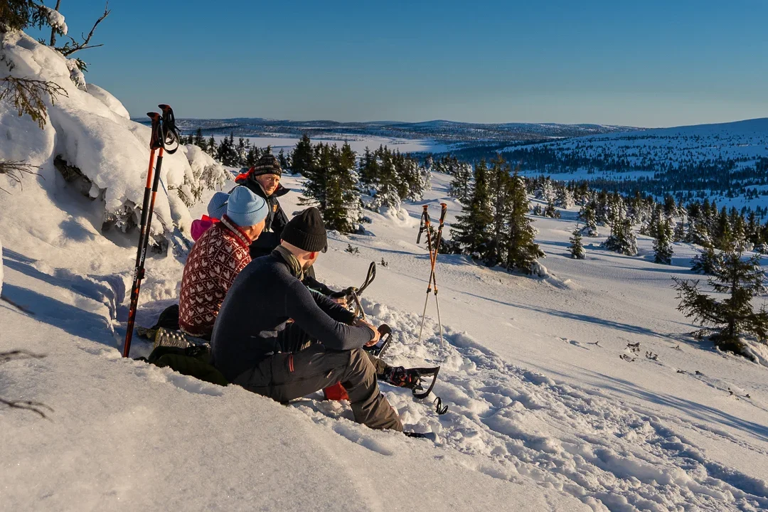 A group of four people takes a break in the snow. In the background stretches a snow covered winter landscape.