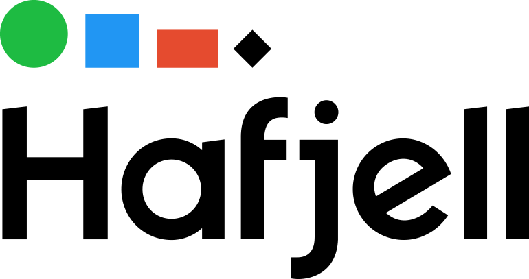 the logo of Hafjell, black font with colorful shapes above on transparent background