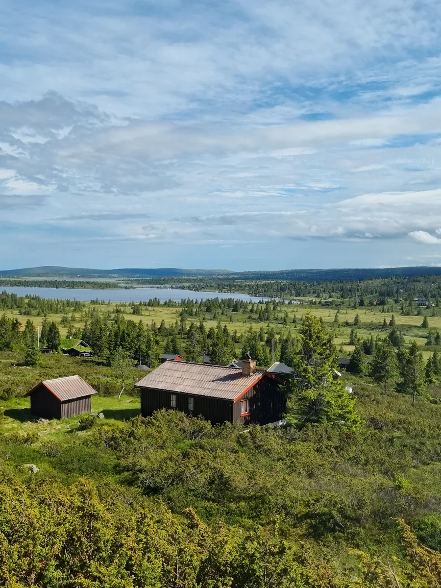 Two small Norwegian cabins overlooking a hilly landscape with spruces and a lake in the background