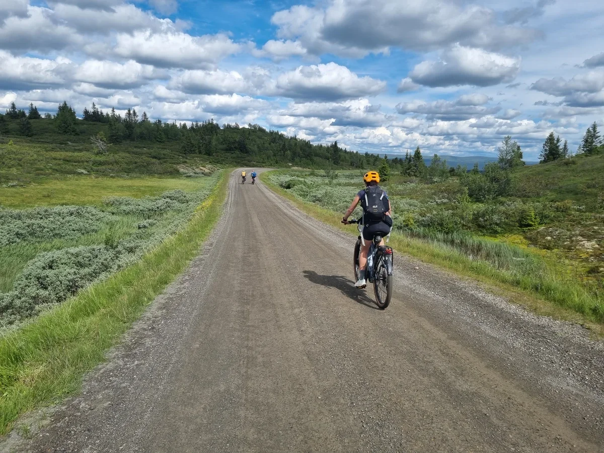 A cyclist cycling on a gravel road that's leading away from the camera. In the distance two cyclists are cycling in the same direction