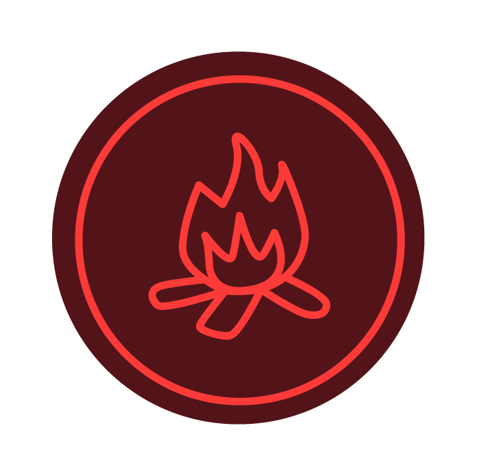 a red round icon of a bonfire