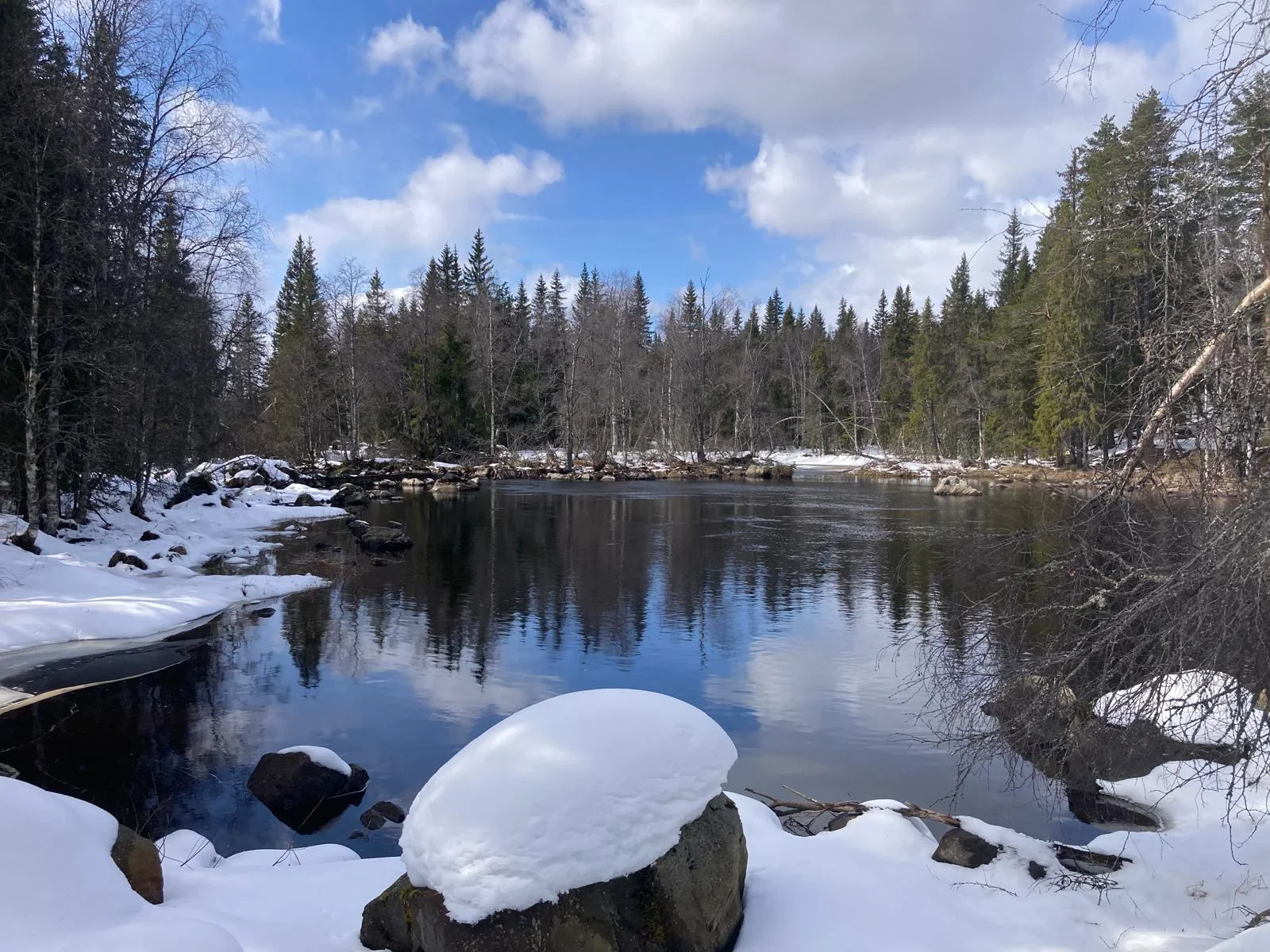 A lake in the forest. In the forest and around the lake you can see snow covering the ground.