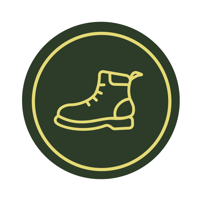 a green round icon of a hiking shoe
