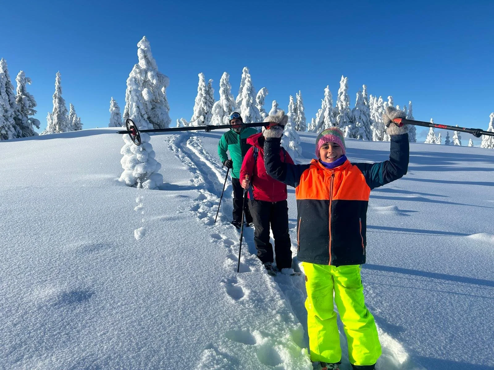 A family of three snowshoe hiking through a wintry landscape. The boy in the front is holding his poles up and smiling into the camera
