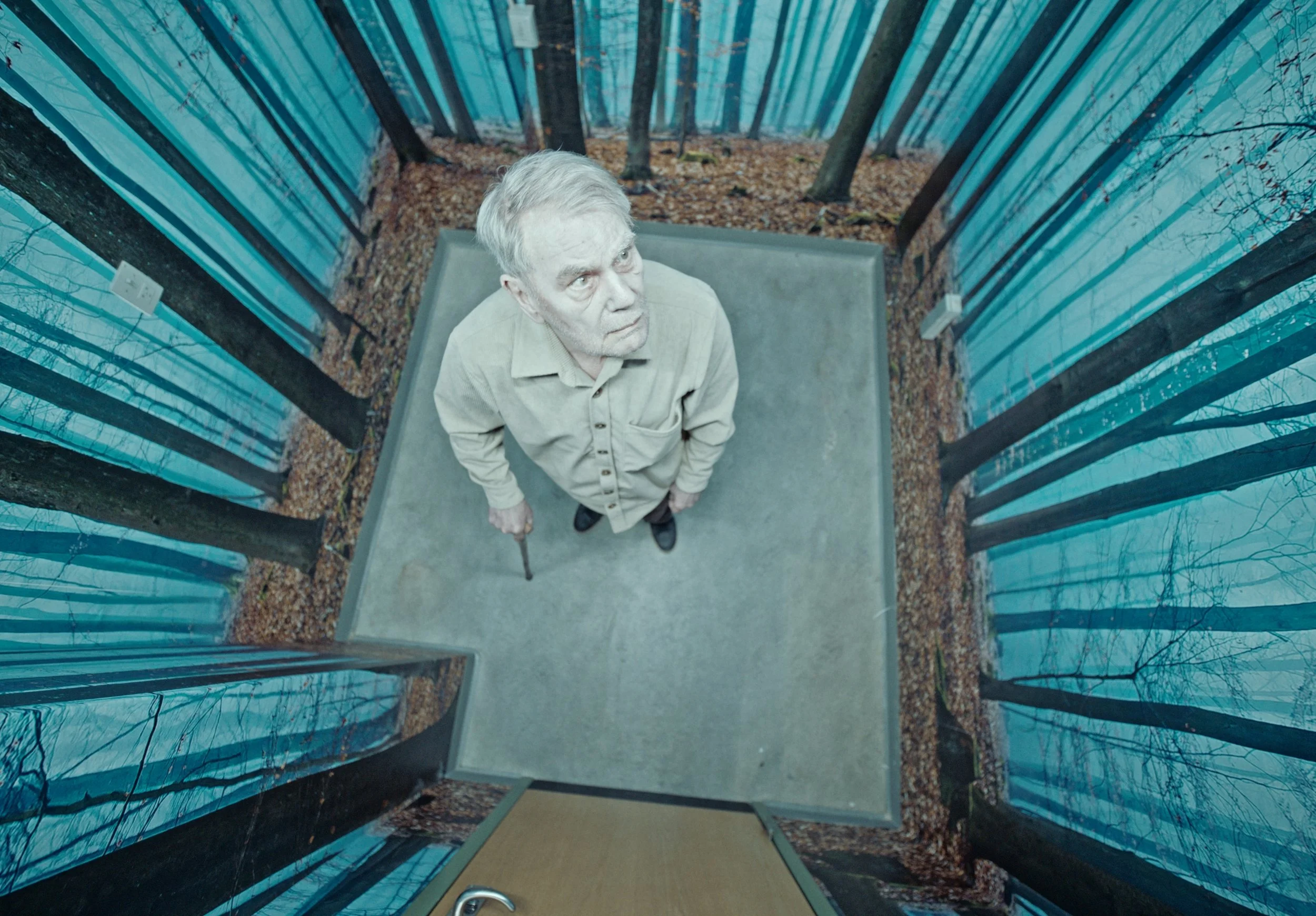 An elderly man standing on an elevator with a cane, looking upward, surrounded by tall windows showing a forest scene outside.